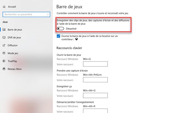 Barre de jeux Windows 10